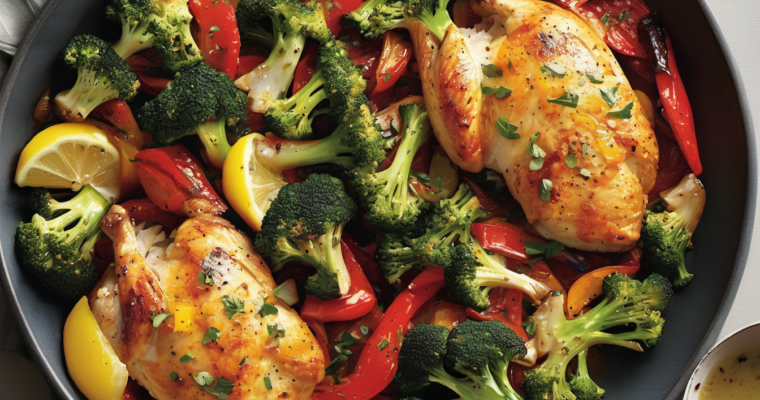 Lemon-Garlic Chicken with Roasted Bell Peppers and Broccoli